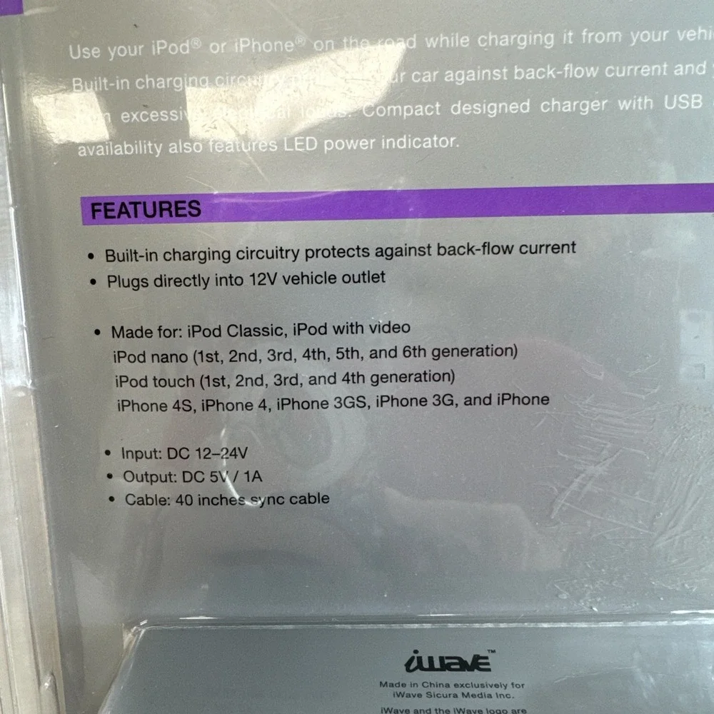 iWave‎ Car Charger Purple Sync Cable Made for iPod iPhone New in Package